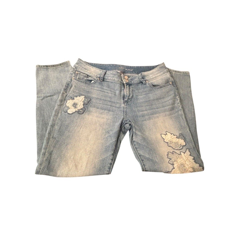 SOHO JEANS STRAIGHT LEG sz 10 Embroidered Roses  Blue Denim Stretch Mid‎